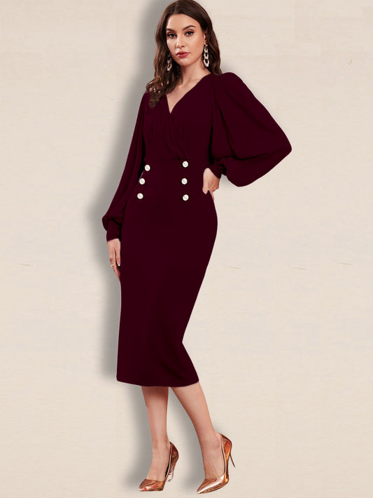 Women's Maroon V-neck Button dress with puff Full sleeve