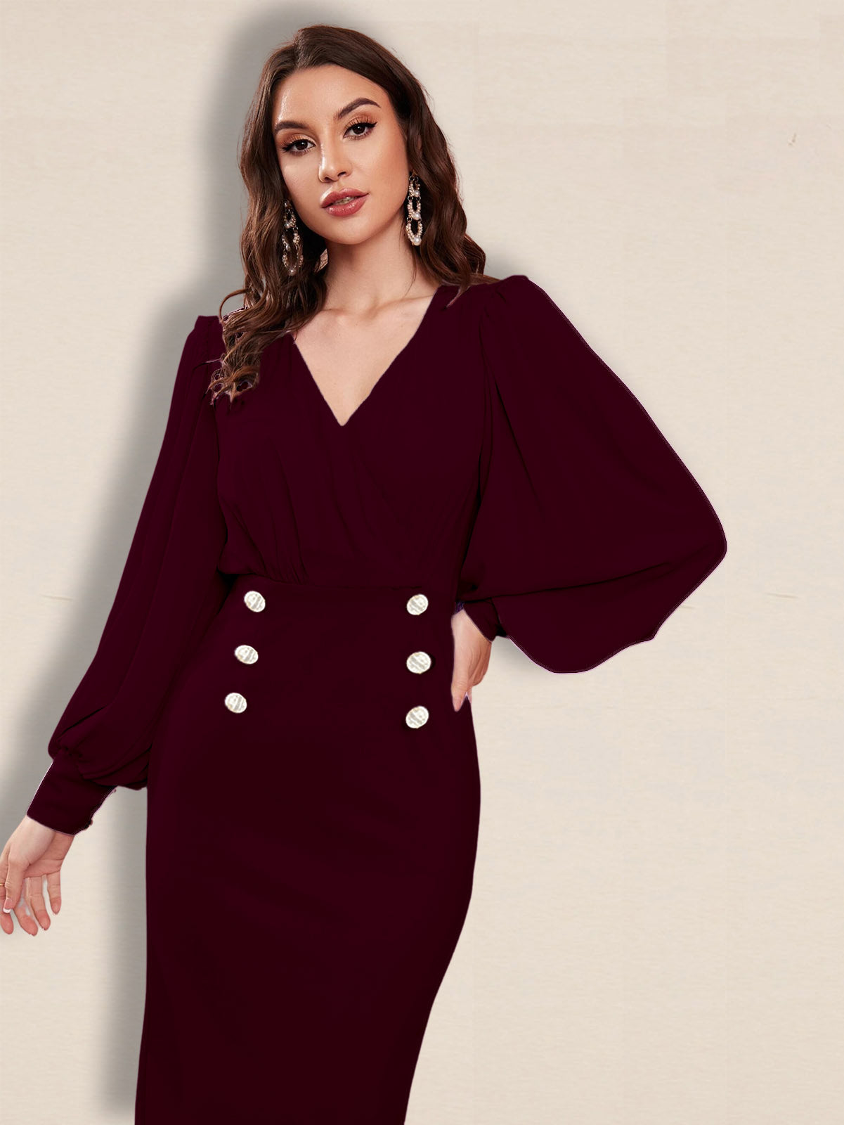 Women's Maroon V-neck Button dress with puff Full sleeve