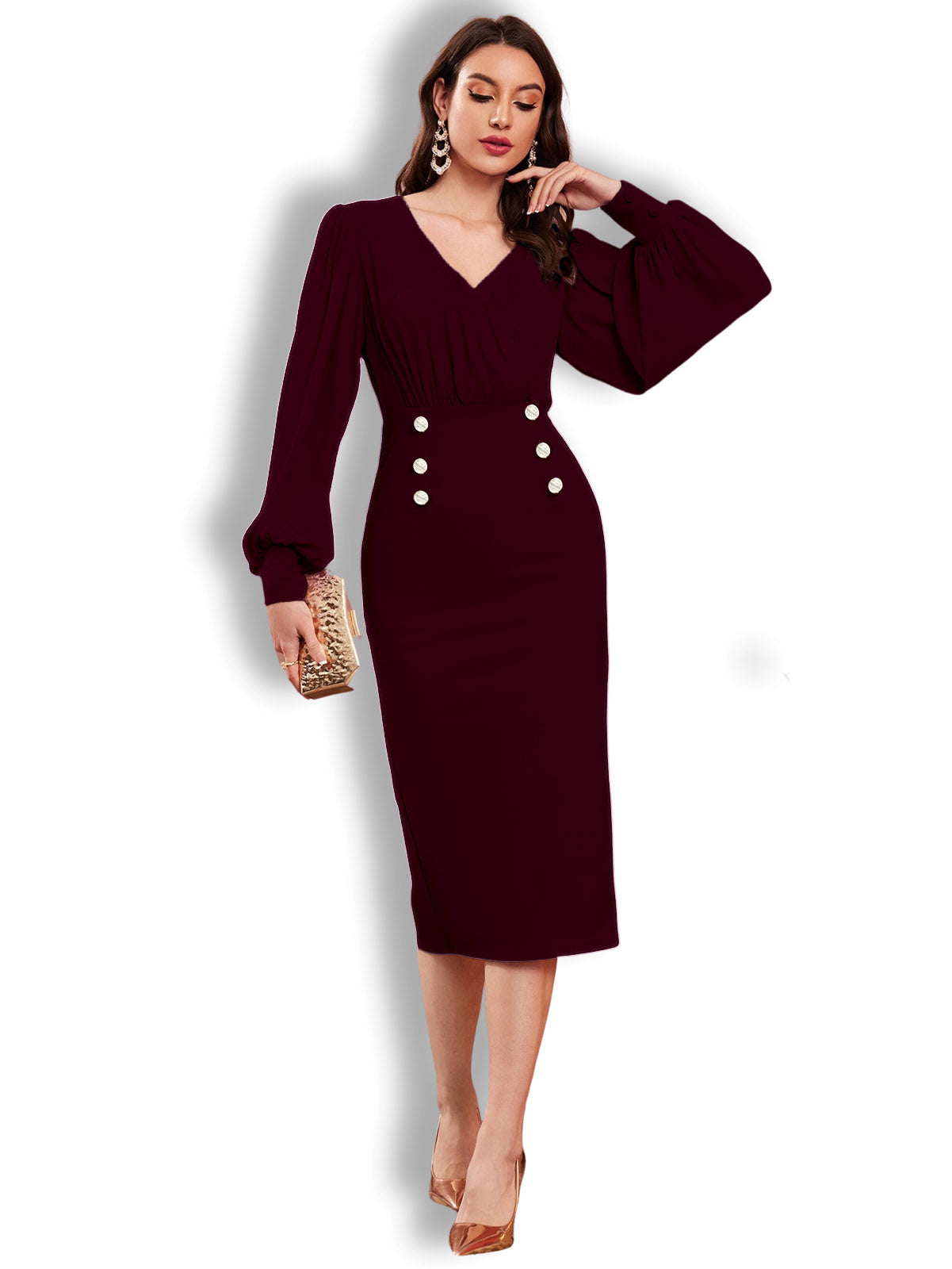 Women's Maroon V-neck Button dress with puff Full sleeve