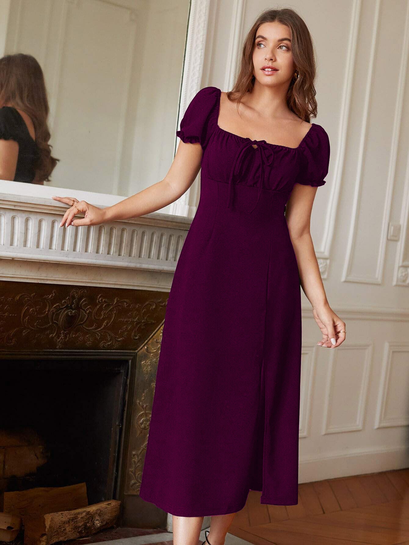 Women's Knee Length A-line Dress (Brosberry wine)