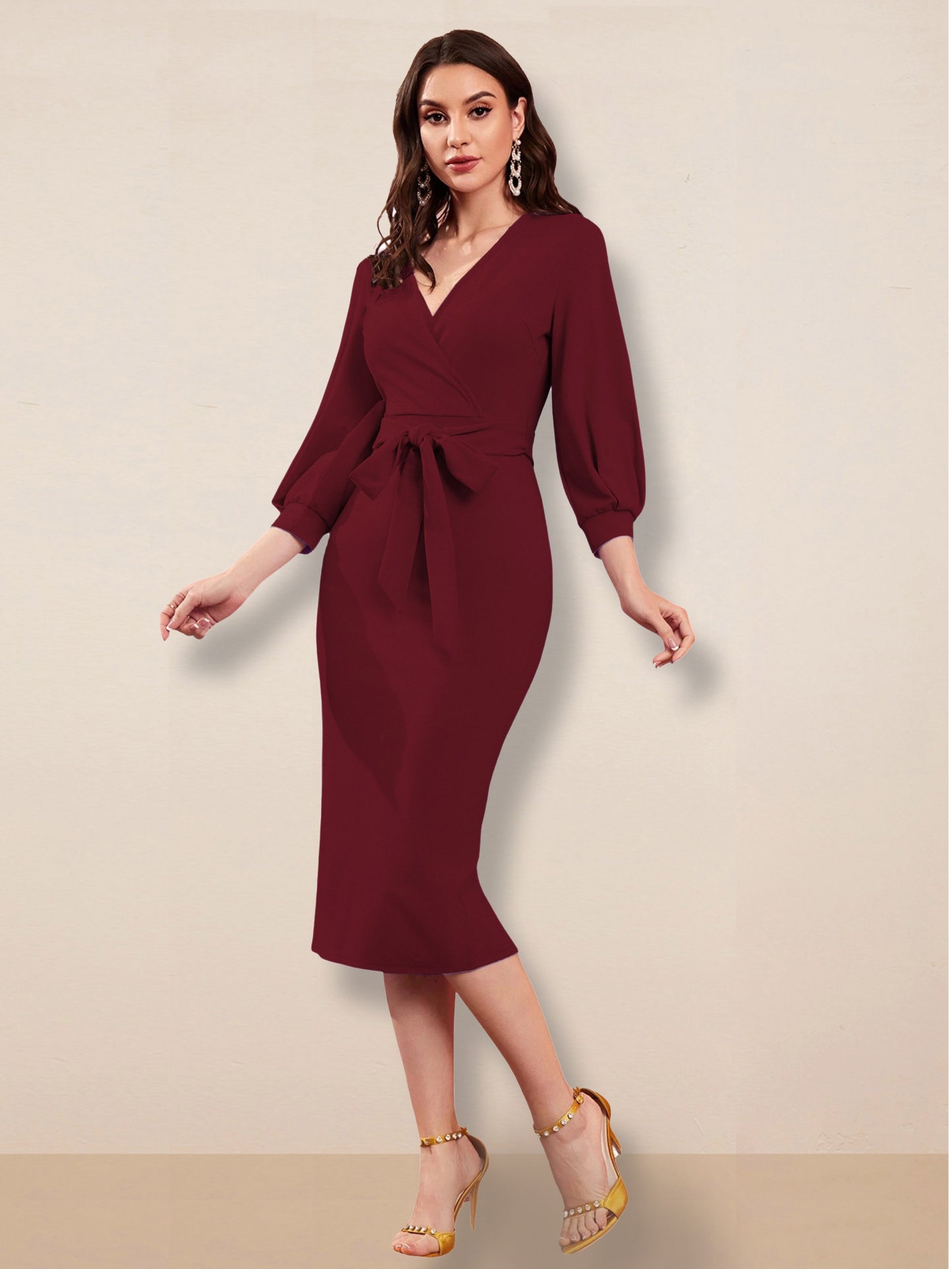 Women Bodycon Maroon V Neck dress with belt