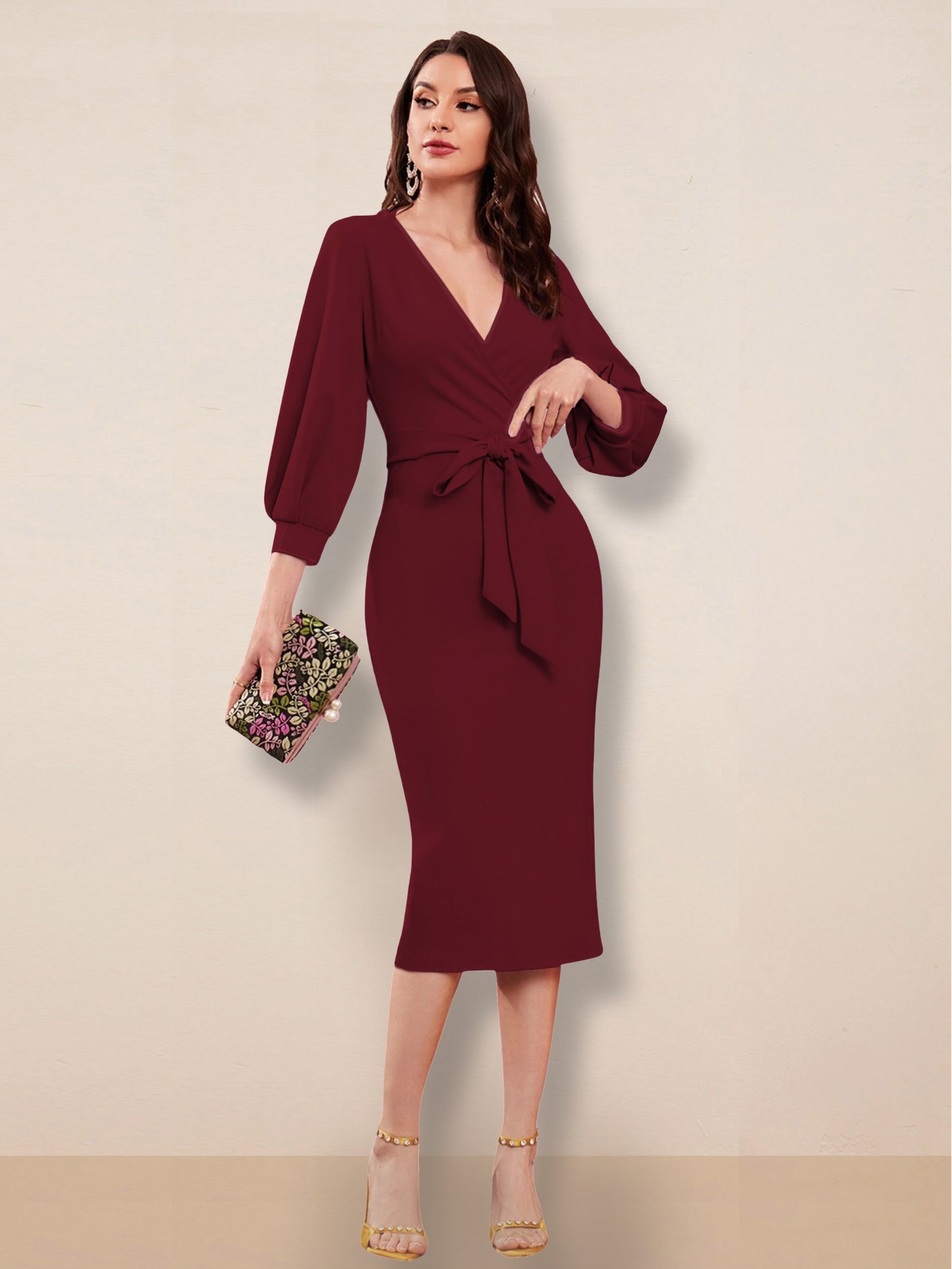 Women Bodycon Maroon V Neck dress with belt