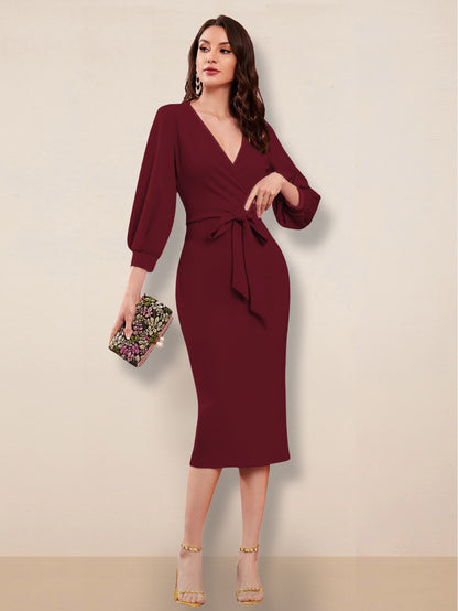 Women Bodycon Maroon V Neck dress with belt