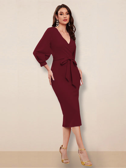 Women Bodycon Maroon V Neck dress with belt