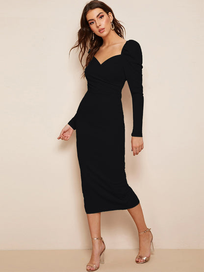 Women Bodycon Wrap neck Full Sleeve Black Dress – roseryparis