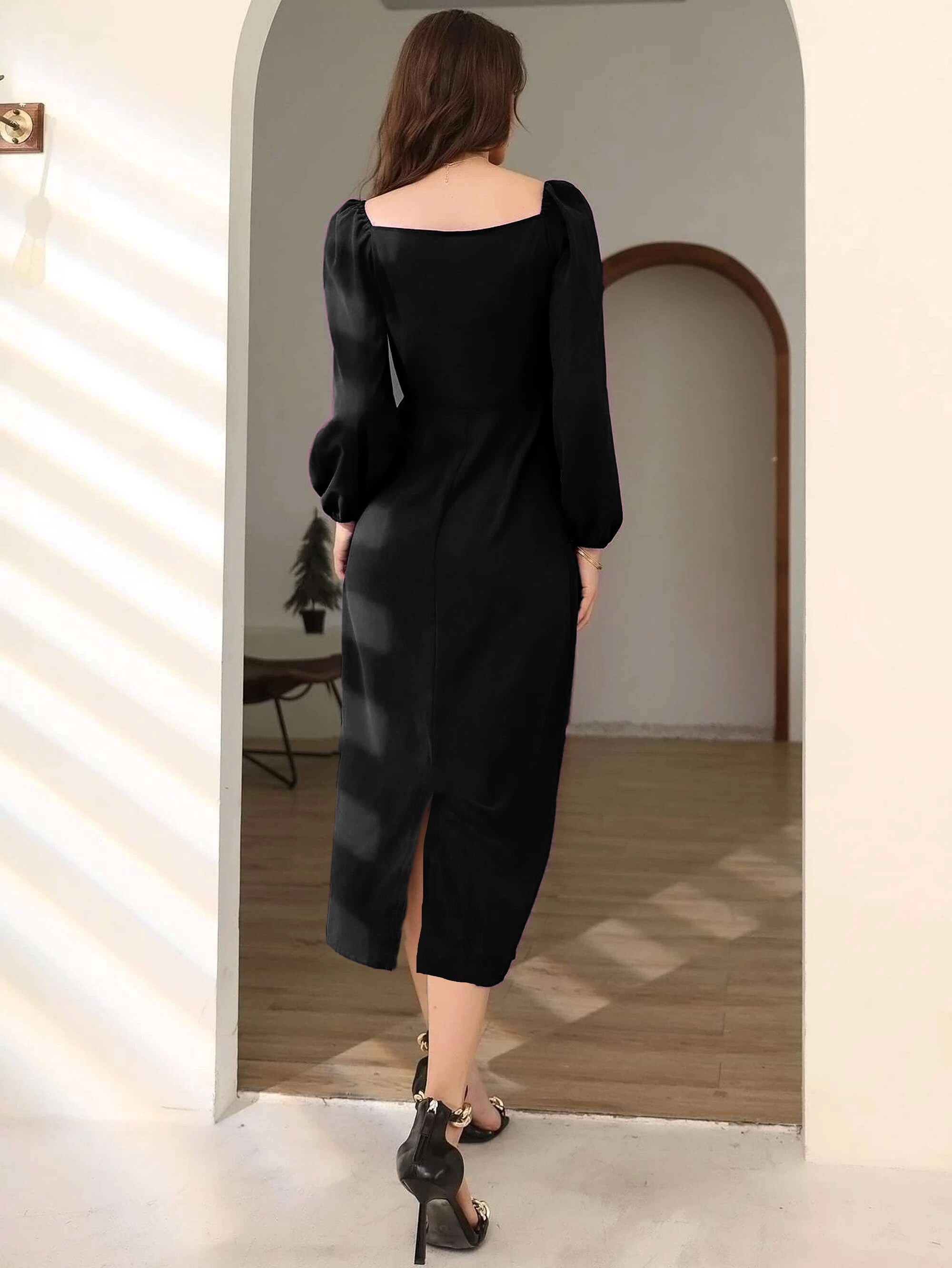 Women bodycon puff sleeve black dress full – roseryparis