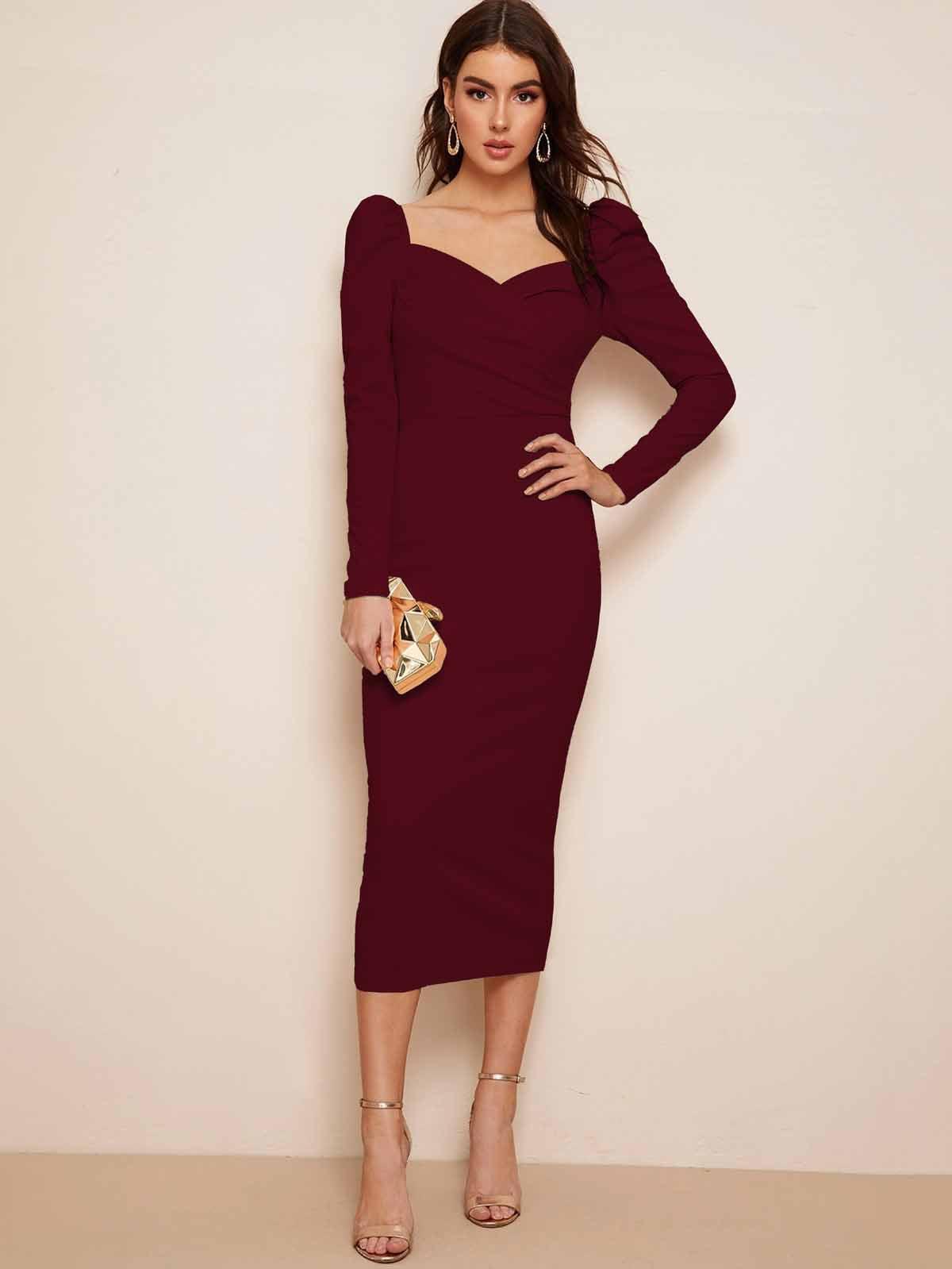 Women Bodycon Maroon wrap dresses full sleeve roseryparis