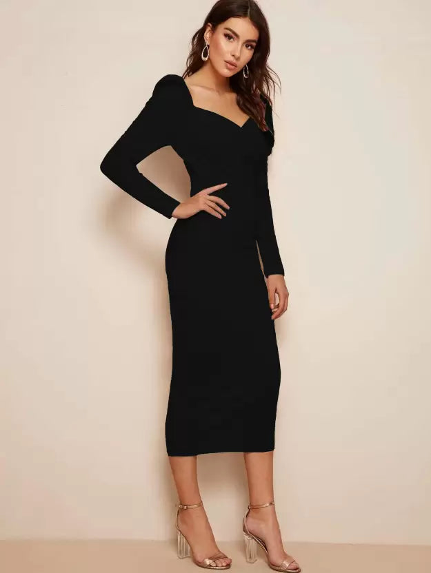 Women Bodycon Wrap neck Full Sleeve Black Dress