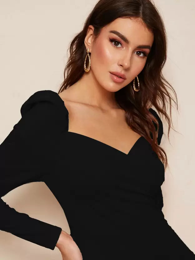 Women Bodycon Wrap neck Full Sleeve Black Dress