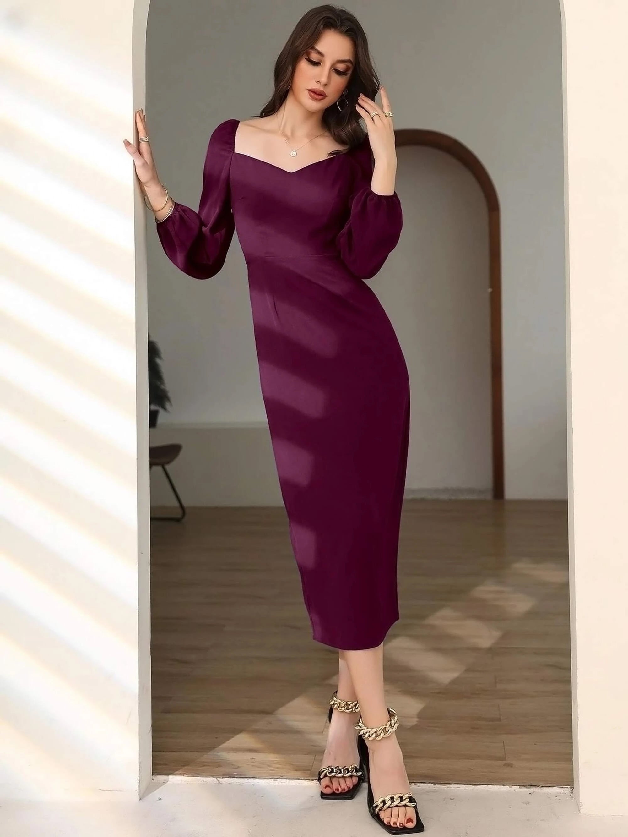 Women Bodycon Puff Sleeve berry Wine