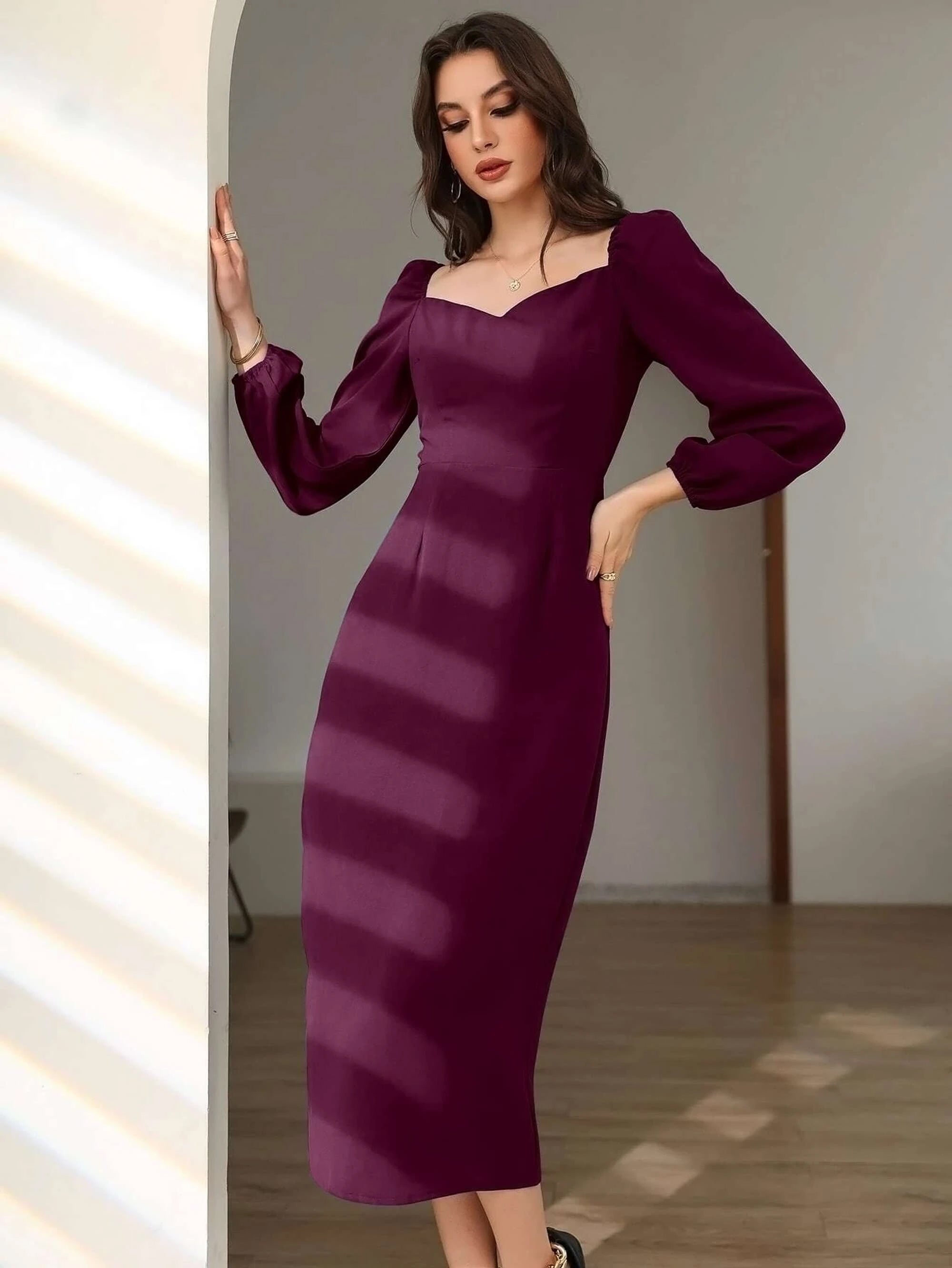 Women Bodycon Puff Sleeve berry Wine