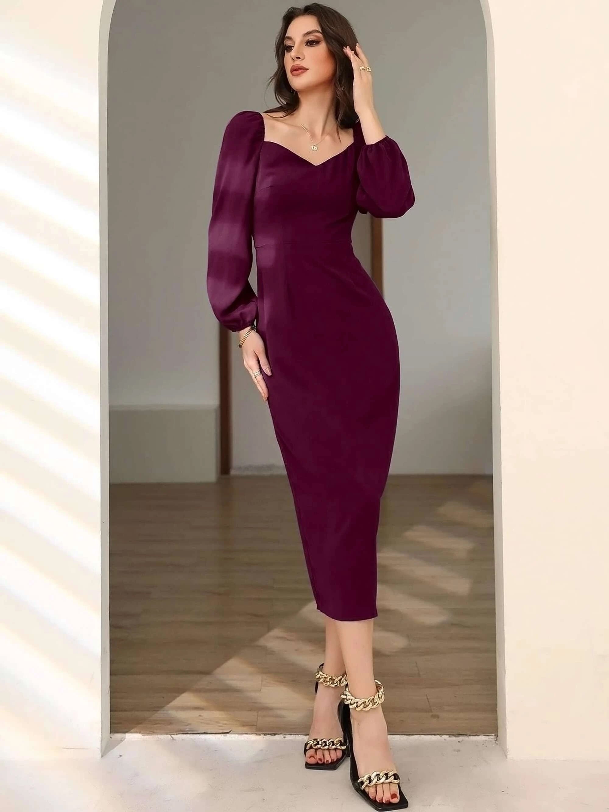 Women Bodycon Puff Sleeve berry Wine