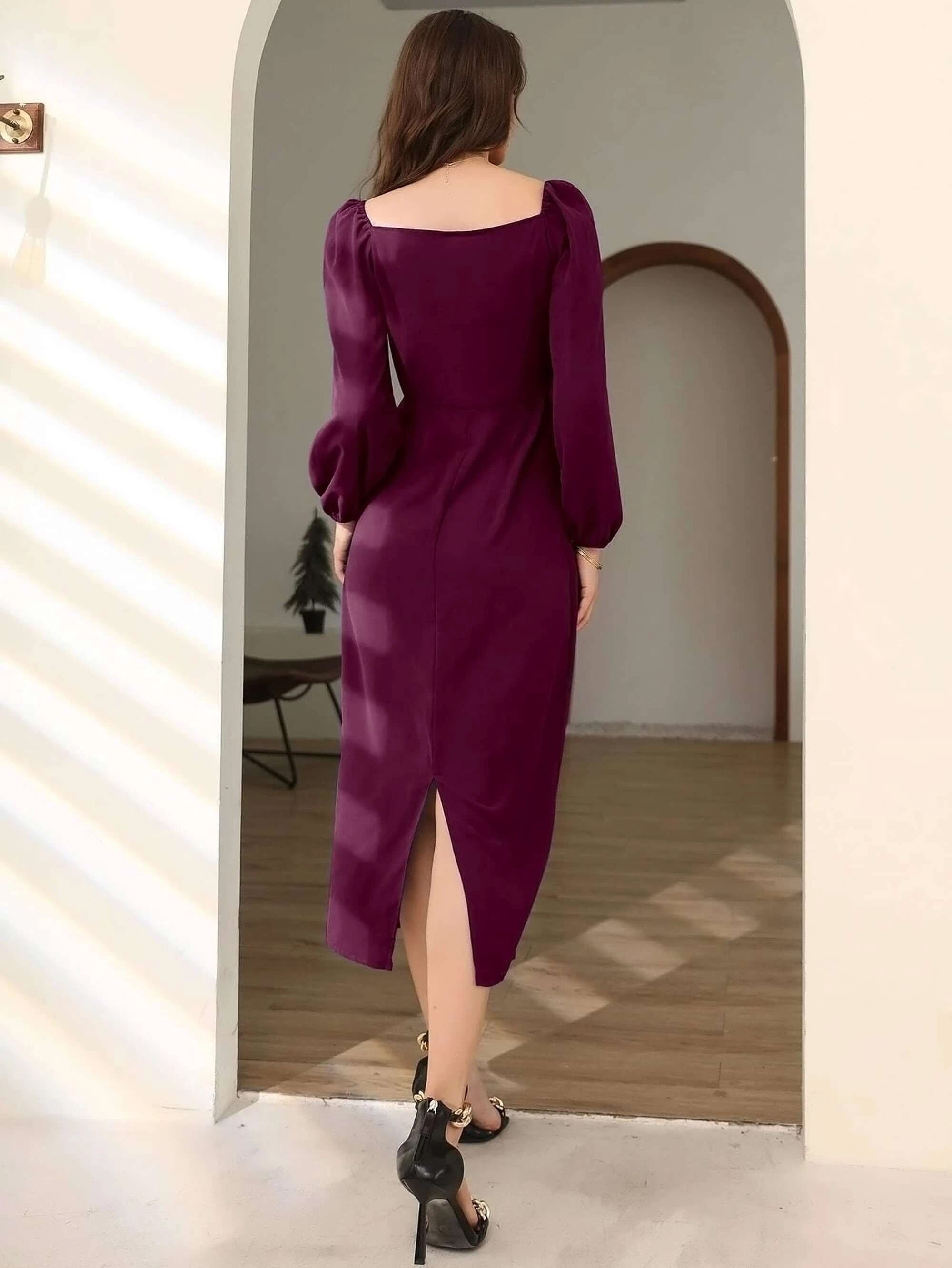 Women Bodycon Puff Sleeve berry Wine